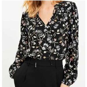 Loft Black Floral Blouse Top XL Long Sleeve Tie Neck Ruffle Rayon New  With Tags
